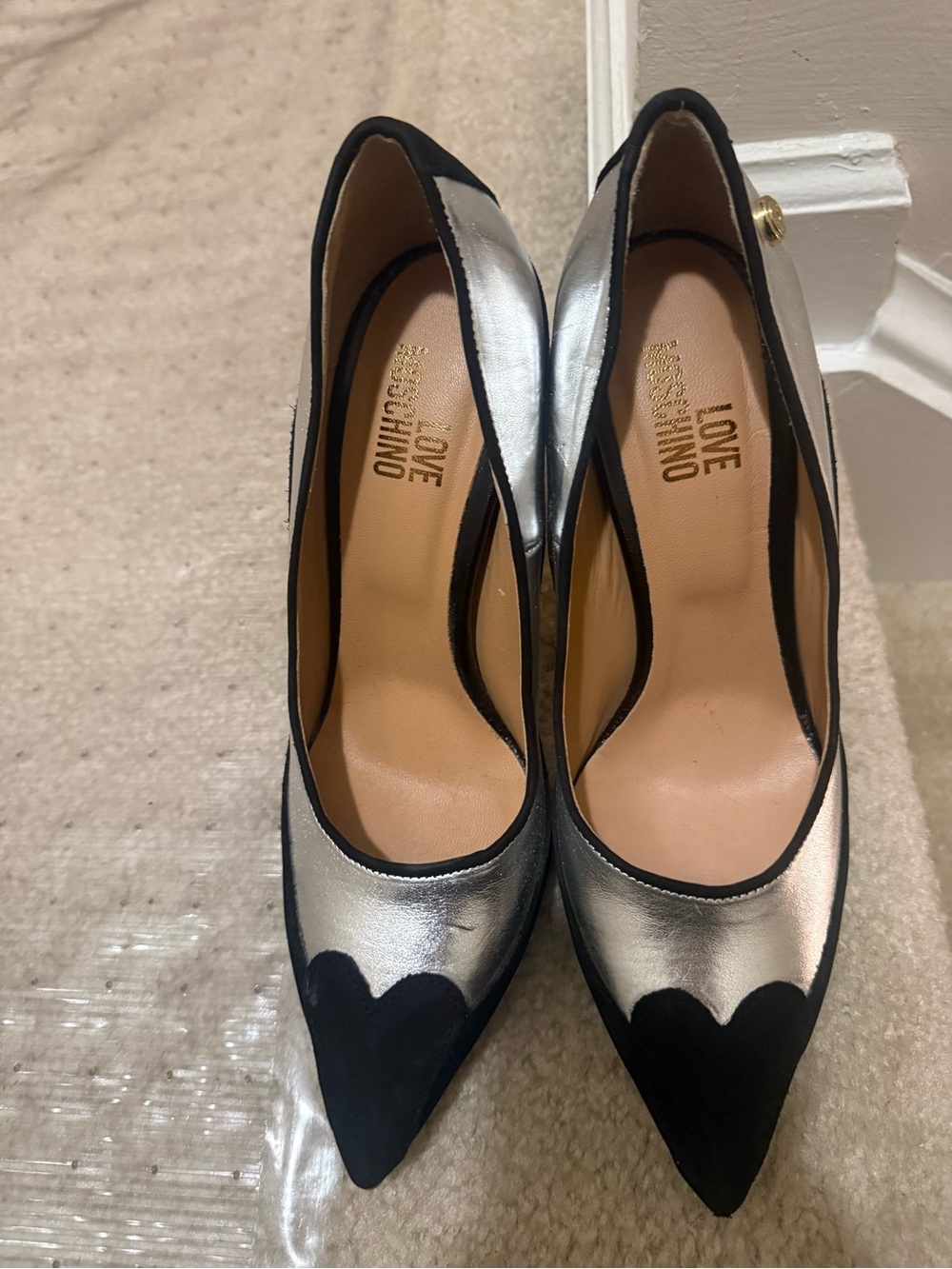 Love Moschino Silver and Black Pointed Heart-Toe Pumps